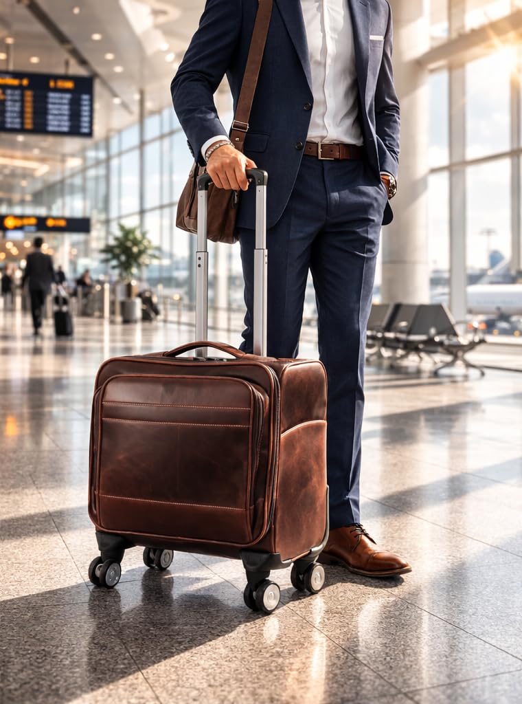 Leather Rolling Briefcase with Trolley Handle Q87137