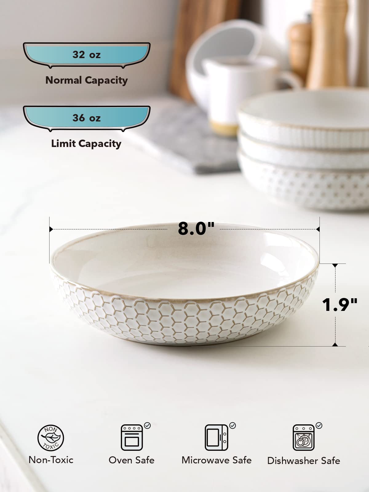 36 oz Ceramic Pasta Bowl Set of 4, Arctic White Q684