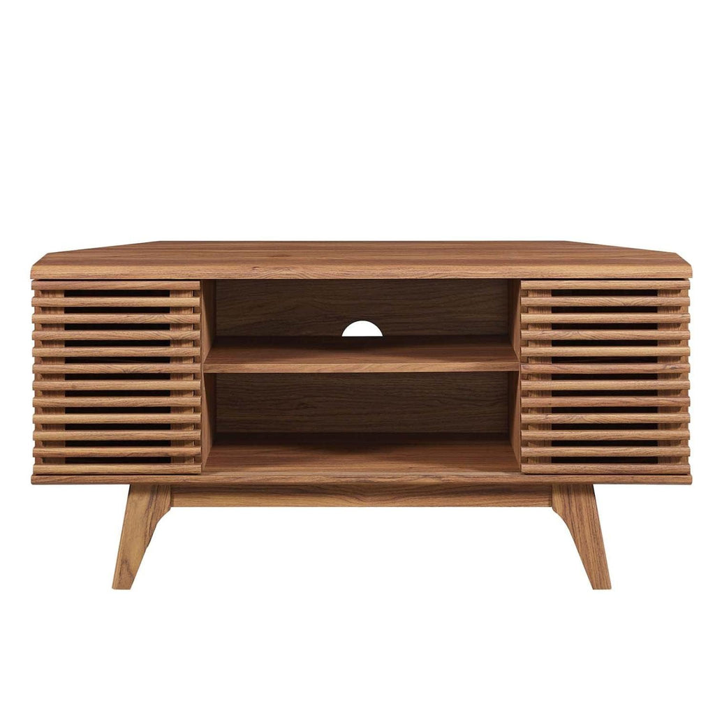 46 in Walnut Corner TV Stand with Sliding Doors Y543