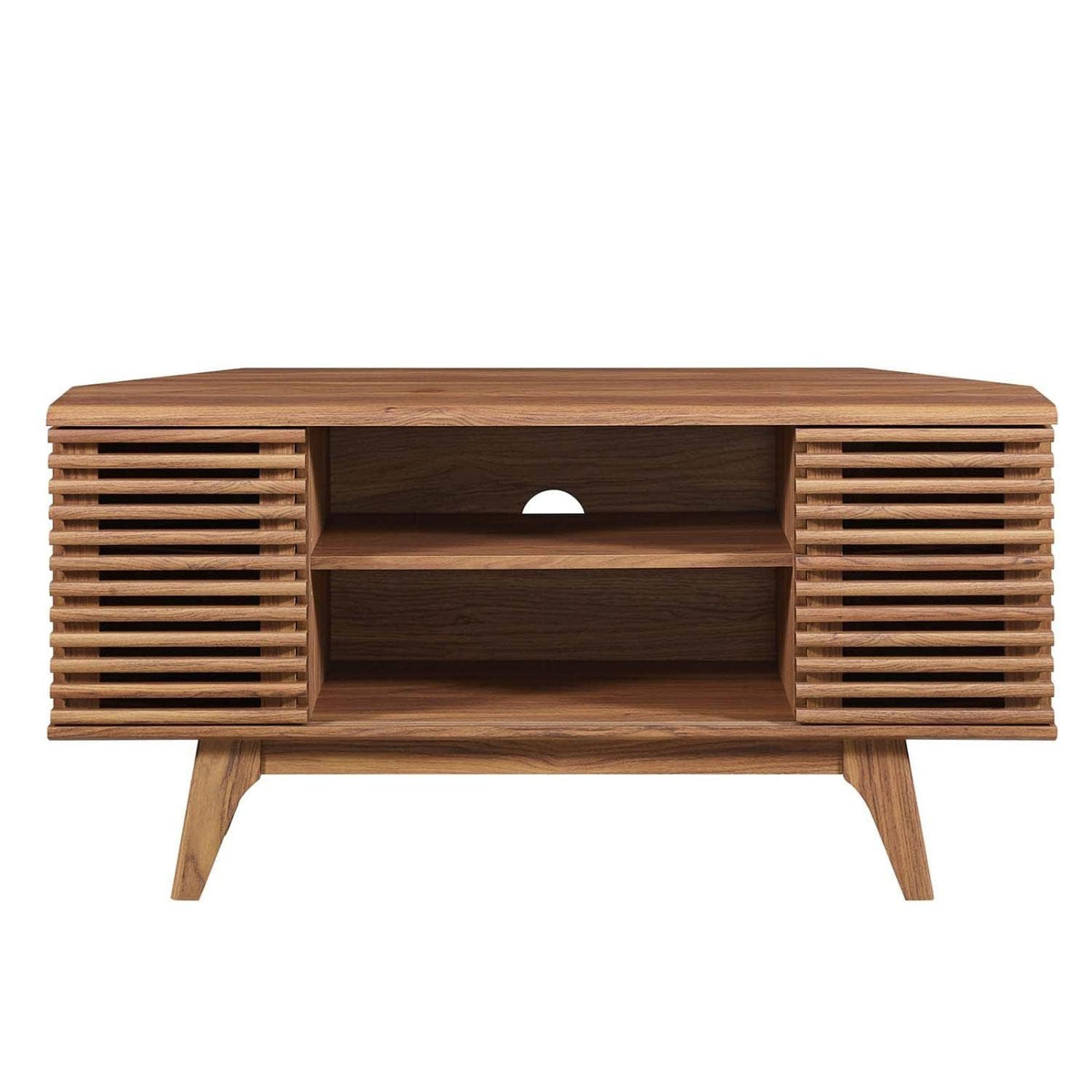 46 in Walnut Corner TV Stand with Sliding Doors Y543