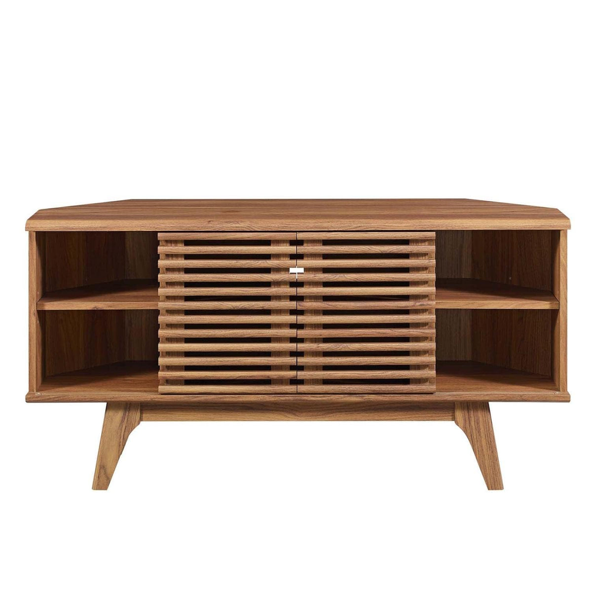 46 in Walnut Corner TV Stand with Sliding Doors Y543