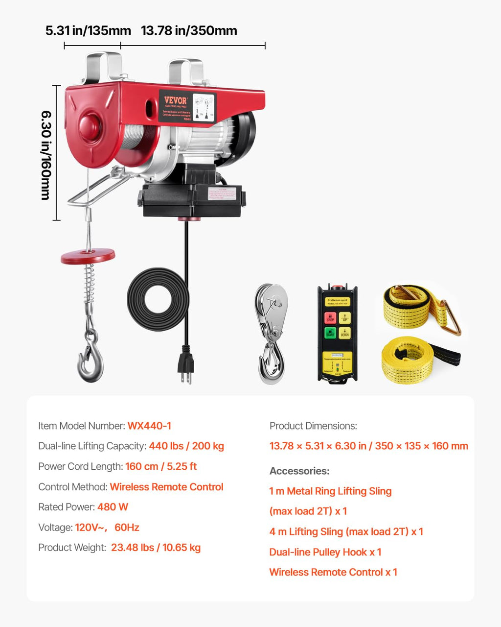 110v 440lbs Electric Hoist with Wireless Remote Control N268
