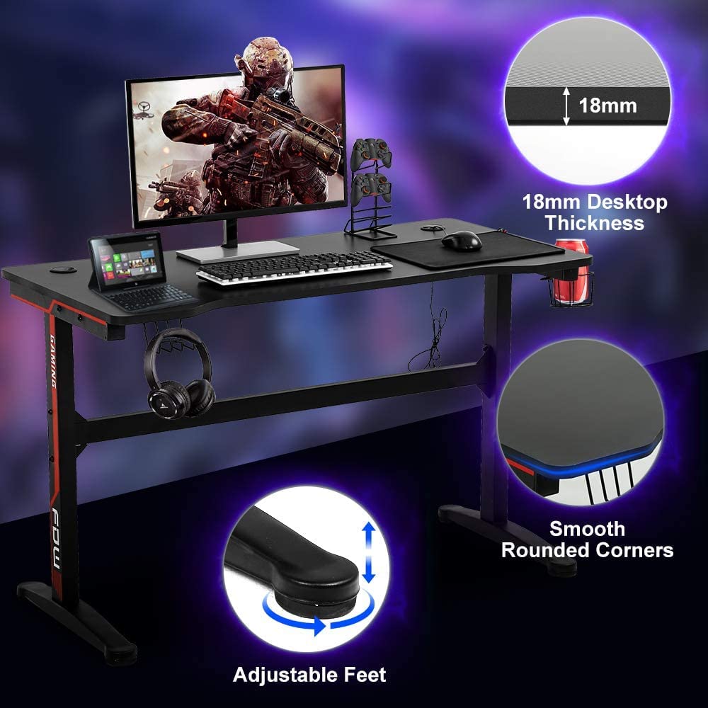 47 Inch T-Shaped Gaming Desk with Headphone Hook and Cup Holder Z217