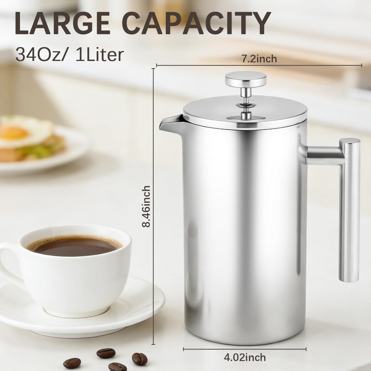 34OZ Stainless Steel French Press Coffee Maker with 2 Extra Filters U8747