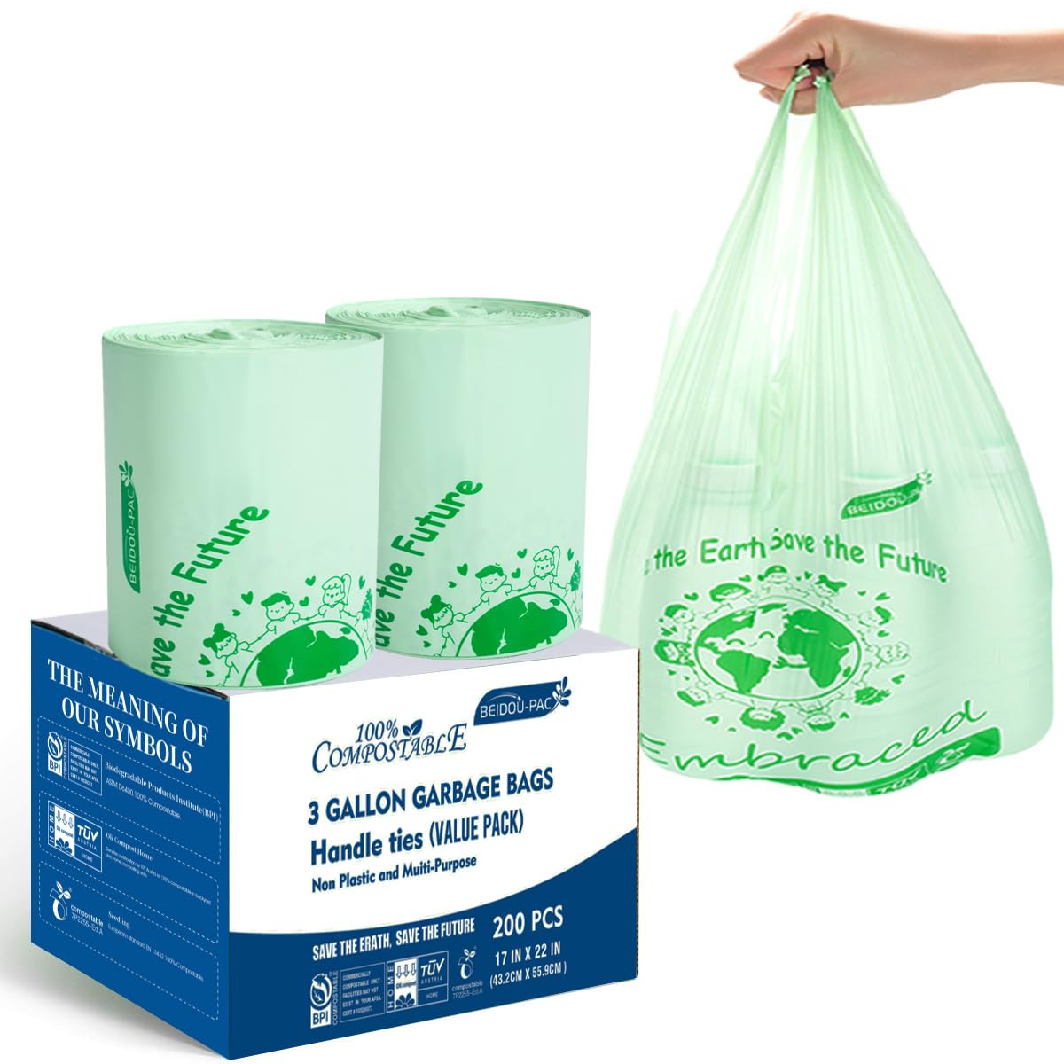 100% Compostable 3 Gallon Trash Bags with Handle, 200 Count I27327
