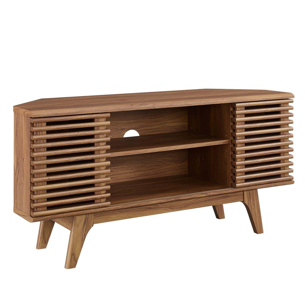 46 in Walnut Corner TV Stand with Sliding Doors Y543