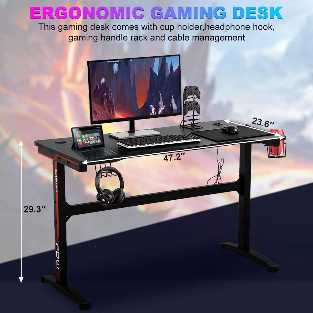 47 Inch T-Shaped Gaming Desk with Headphone Hook and Cup Holder Z217