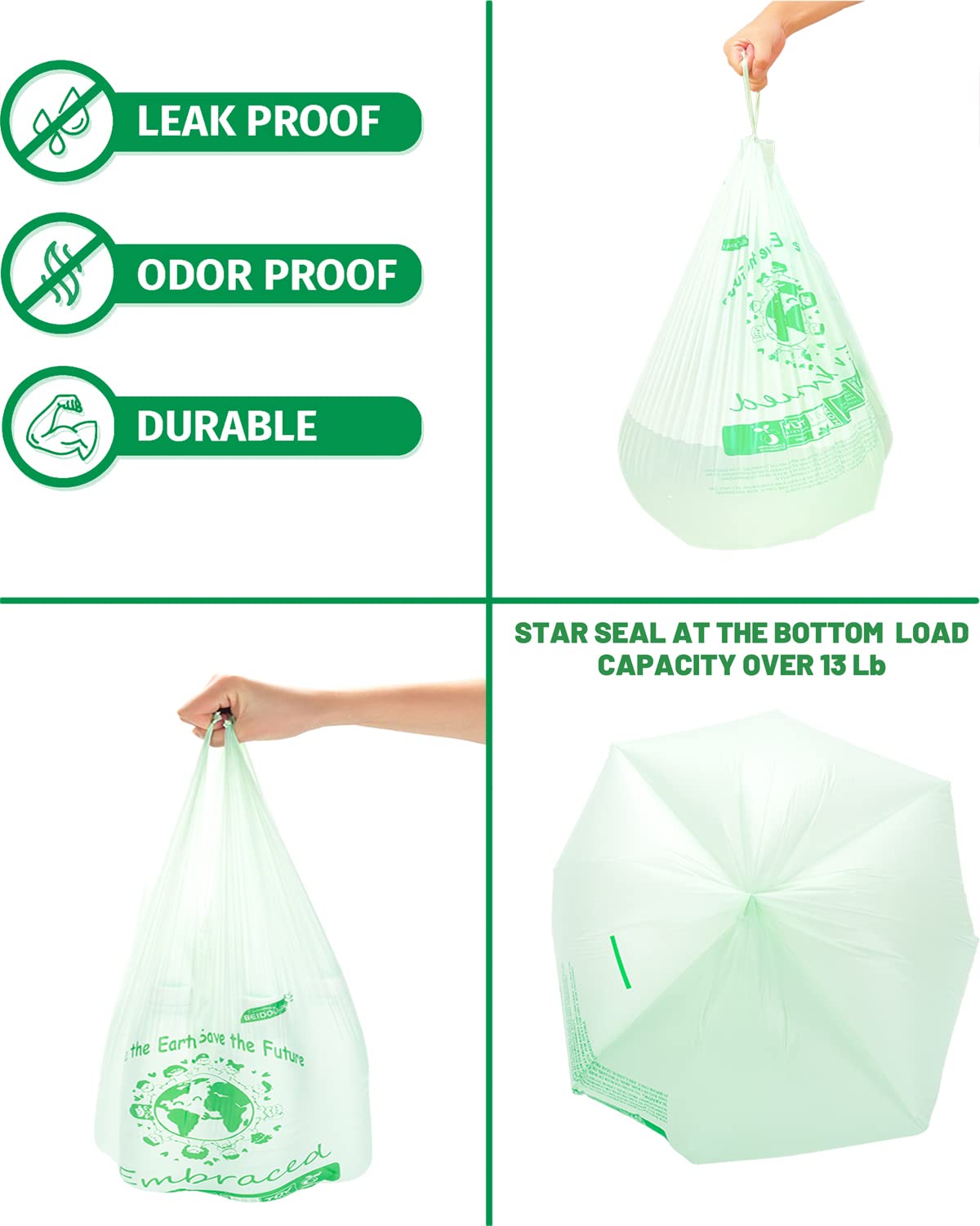 100% Compostable 3 Gallon Trash Bags with Handle, 200 Count I27327