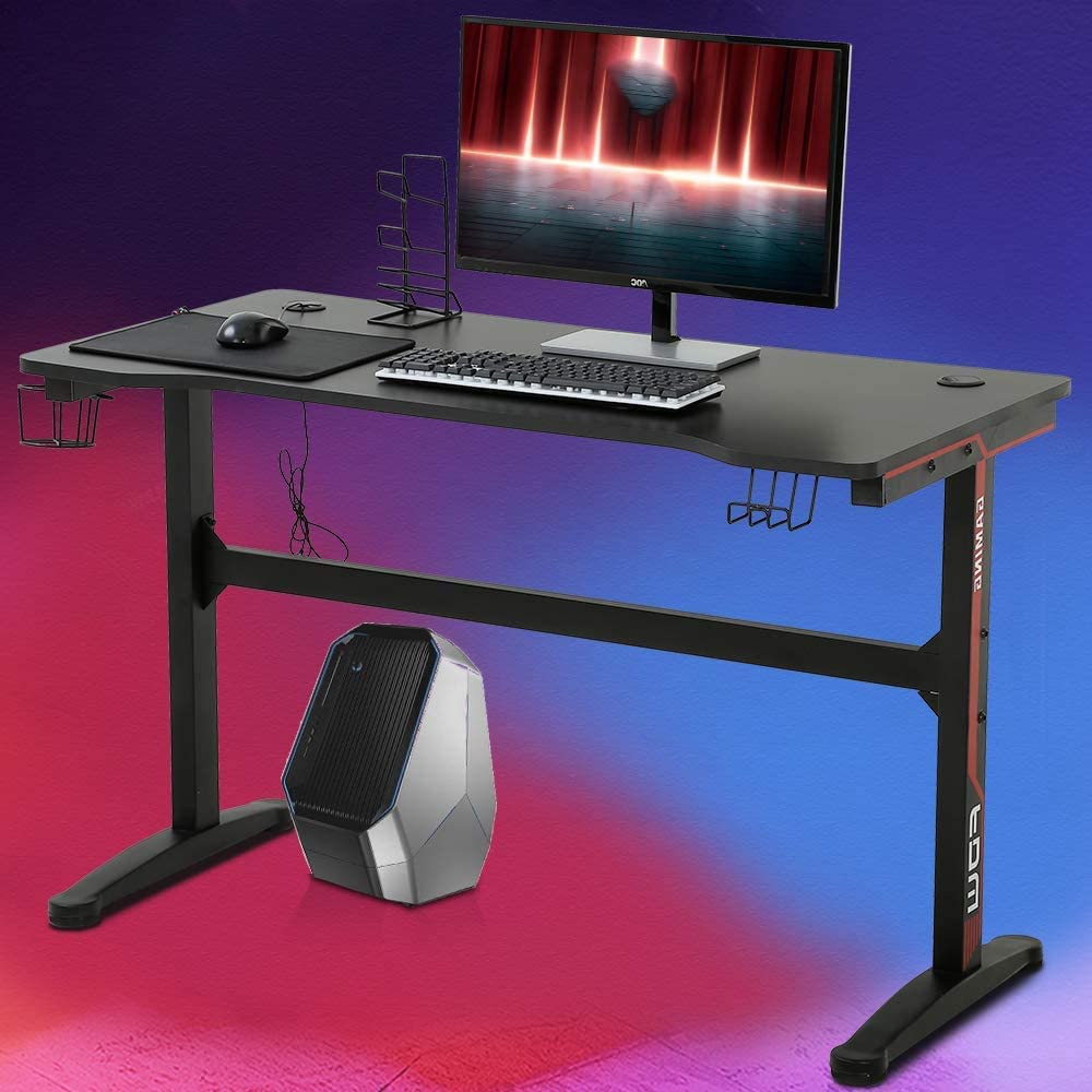47 Inch T-Shaped Gaming Desk with Headphone Hook and Cup Holder Z217