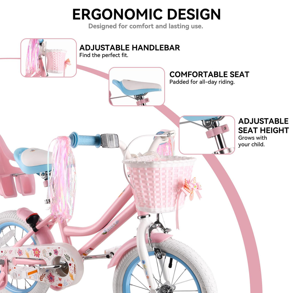 12 14 16 Inch Girls Bike with Training Wheels, Basket & Doll Seat K9810