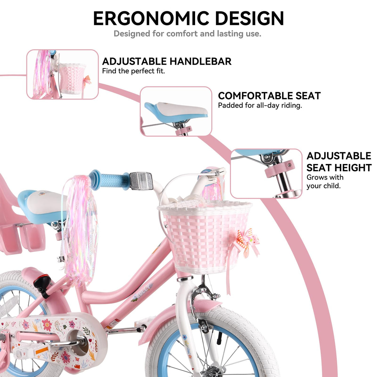 12 14 16 Inch Girls Bike with Training Wheels, Basket & Doll Seat K9810