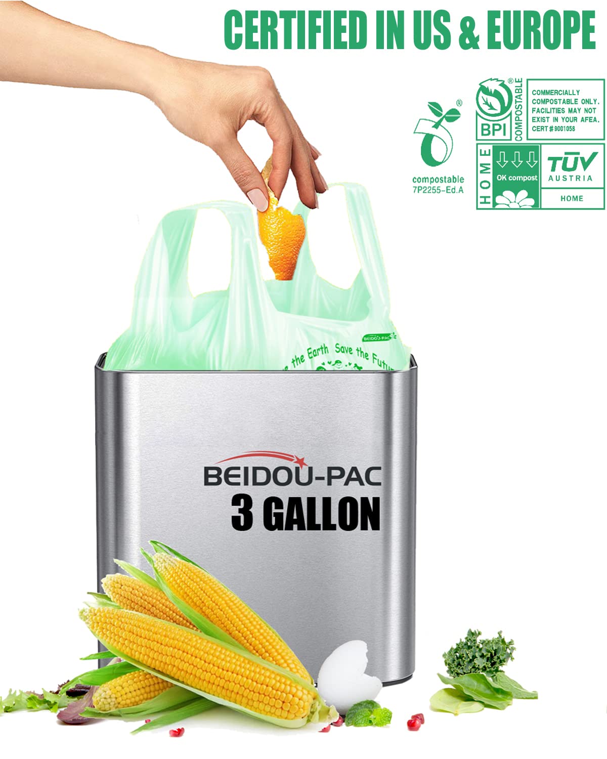 100% Compostable 3 Gallon Trash Bags with Handle, 200 Count I27327
