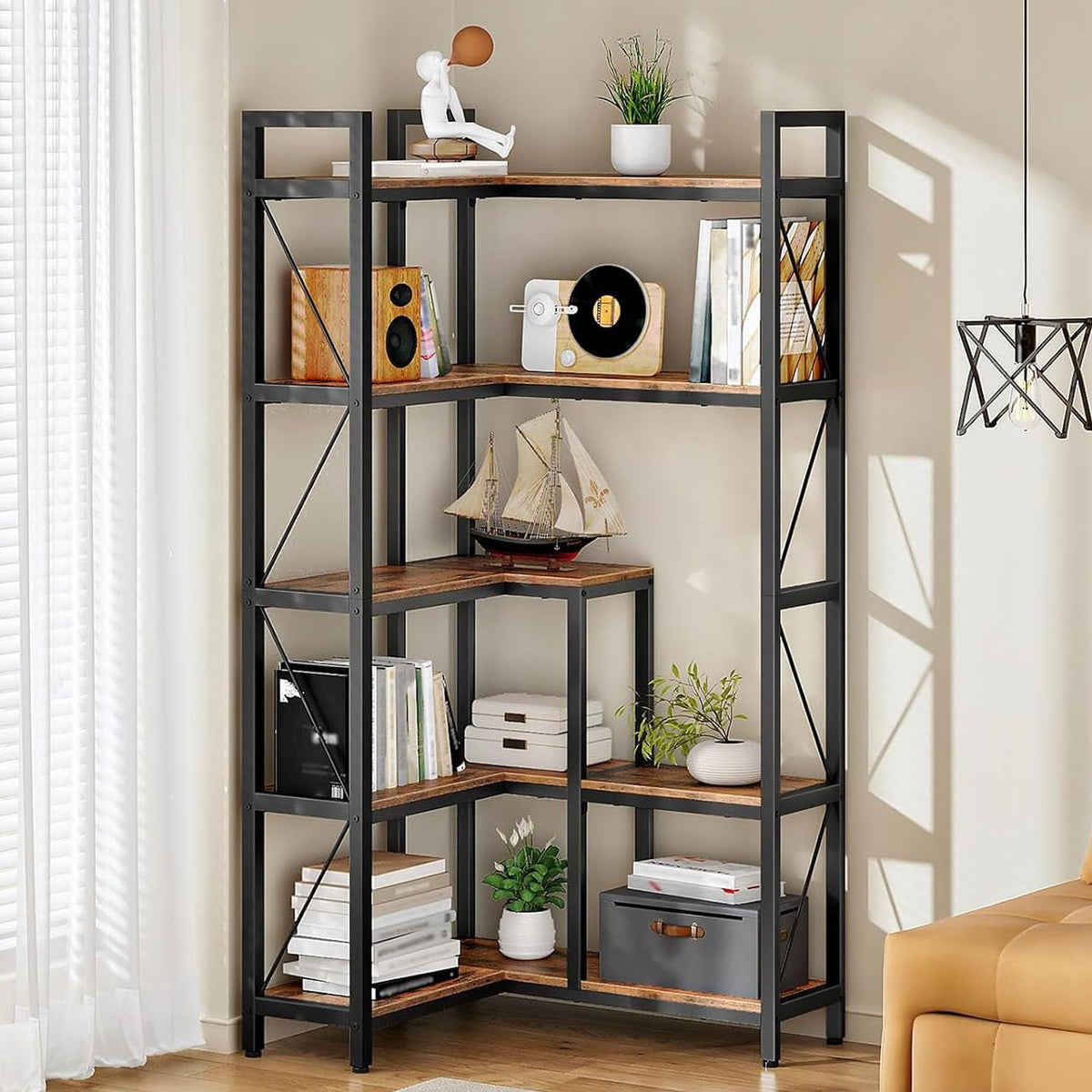5-Tier L-Shaped Corner Bookshelf with Metal Frame M11844