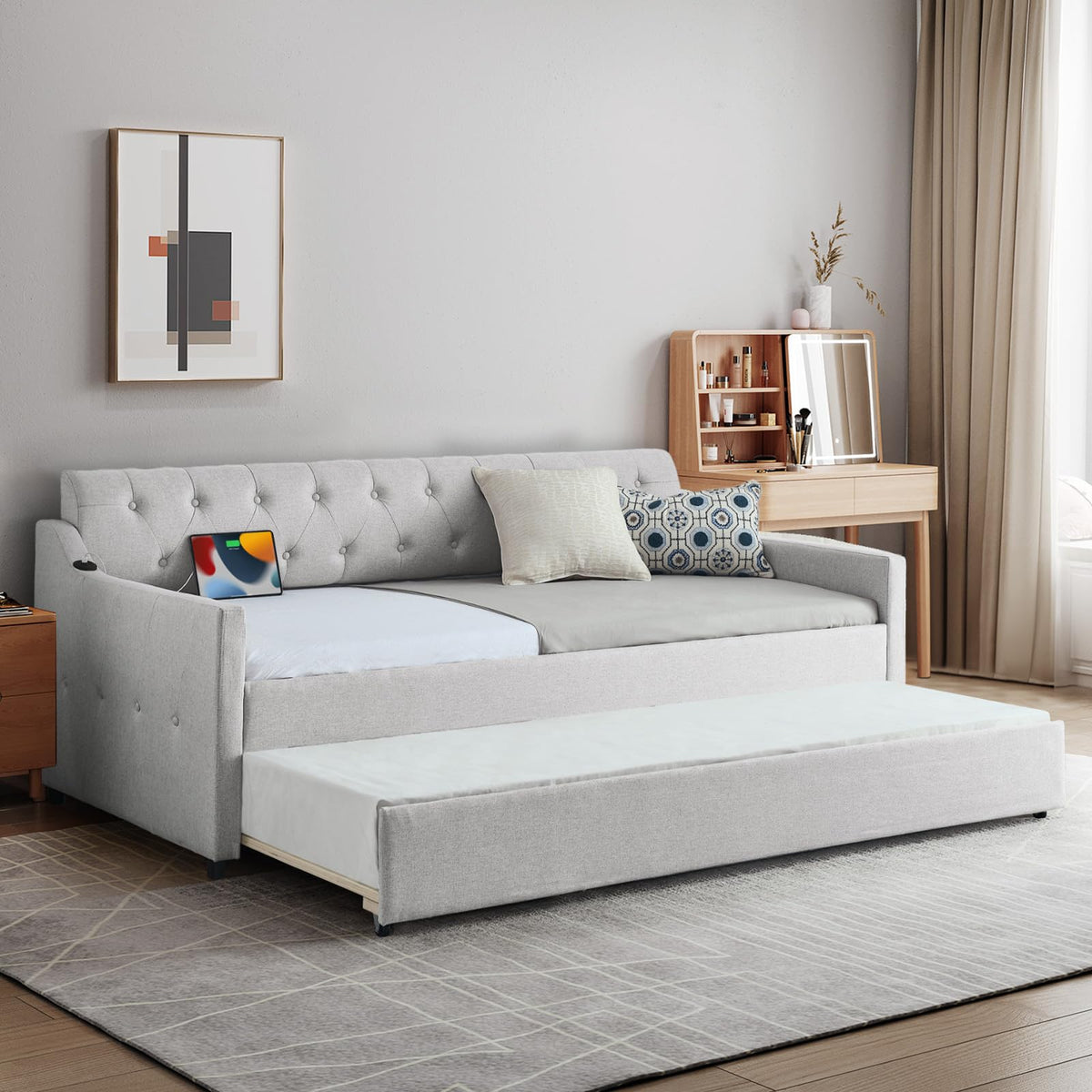 Beige Linen Upholstered Daybed with Pop Up Trundle Q931481