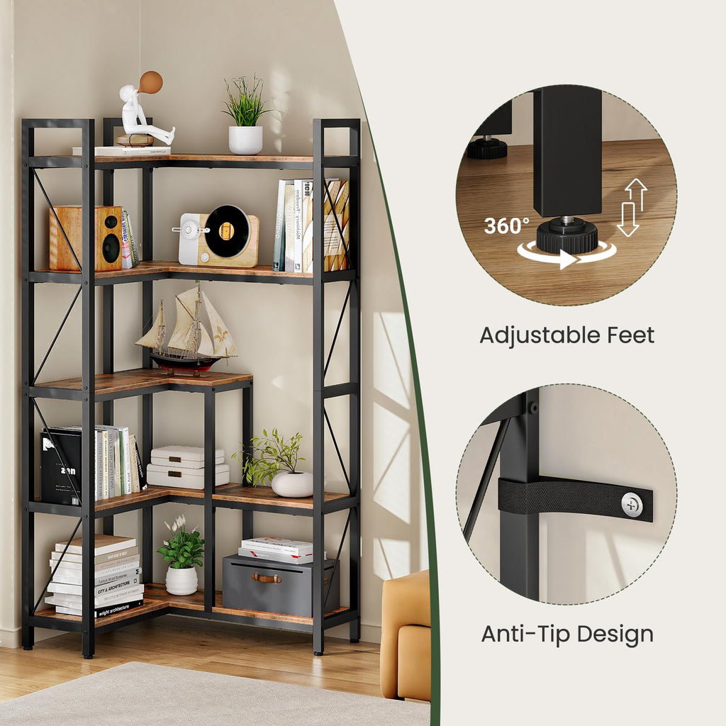 5-Tier L-Shaped Corner Bookshelf with Metal Frame M11844