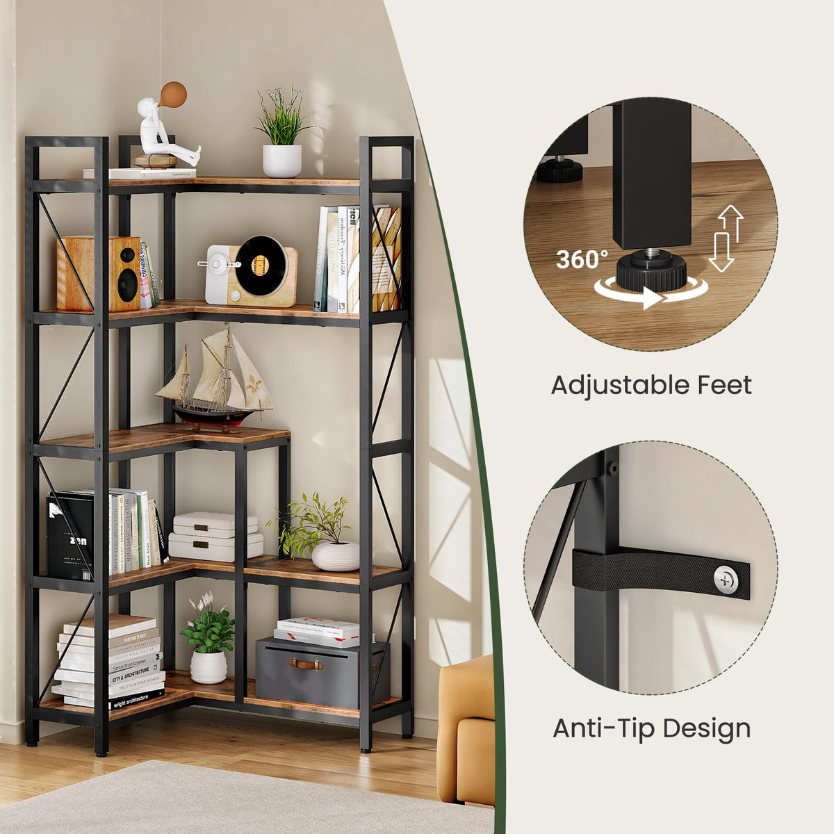 5-Tier L-Shaped Corner Bookshelf with Metal Frame M11844