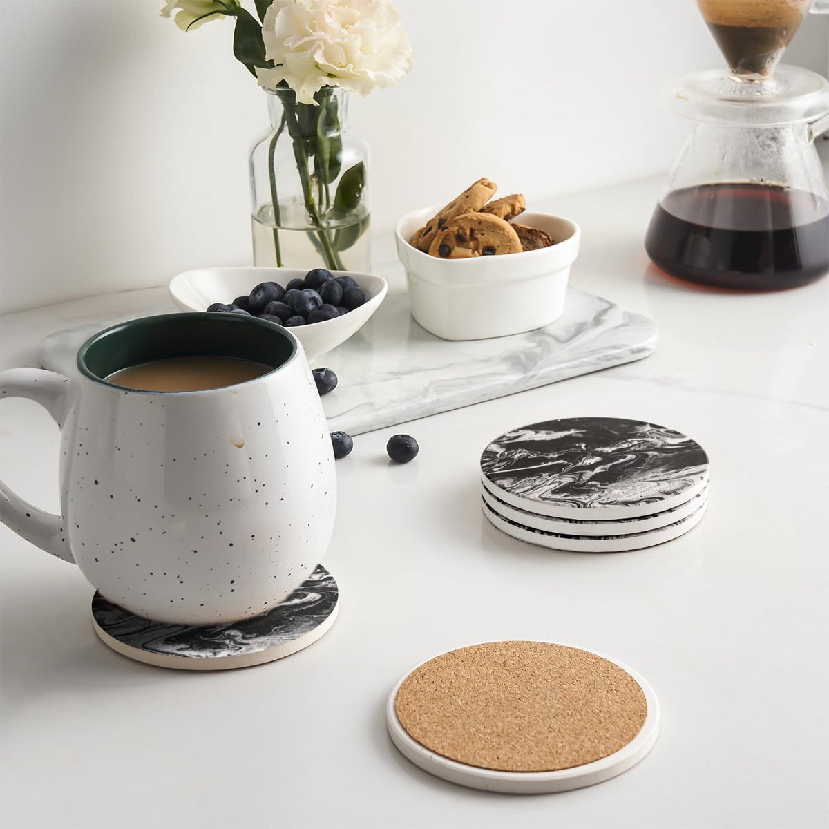 Black Marble Style Ceramic Coasters Set of 6 with Holder C429