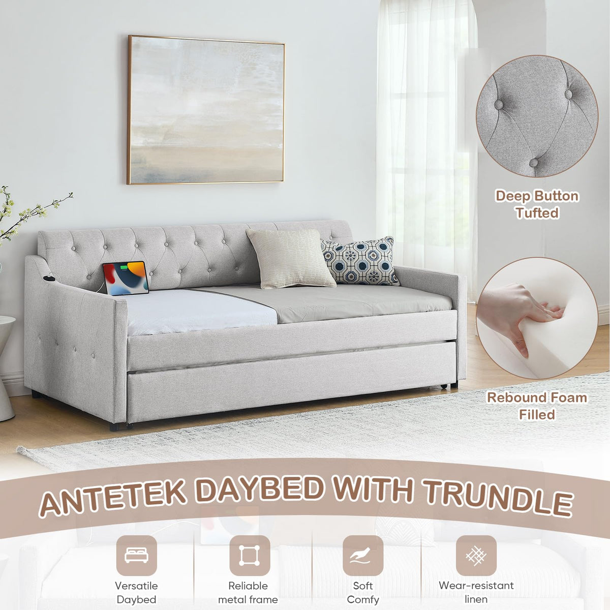 Beige Linen Upholstered Daybed with Pop Up Trundle Q931481