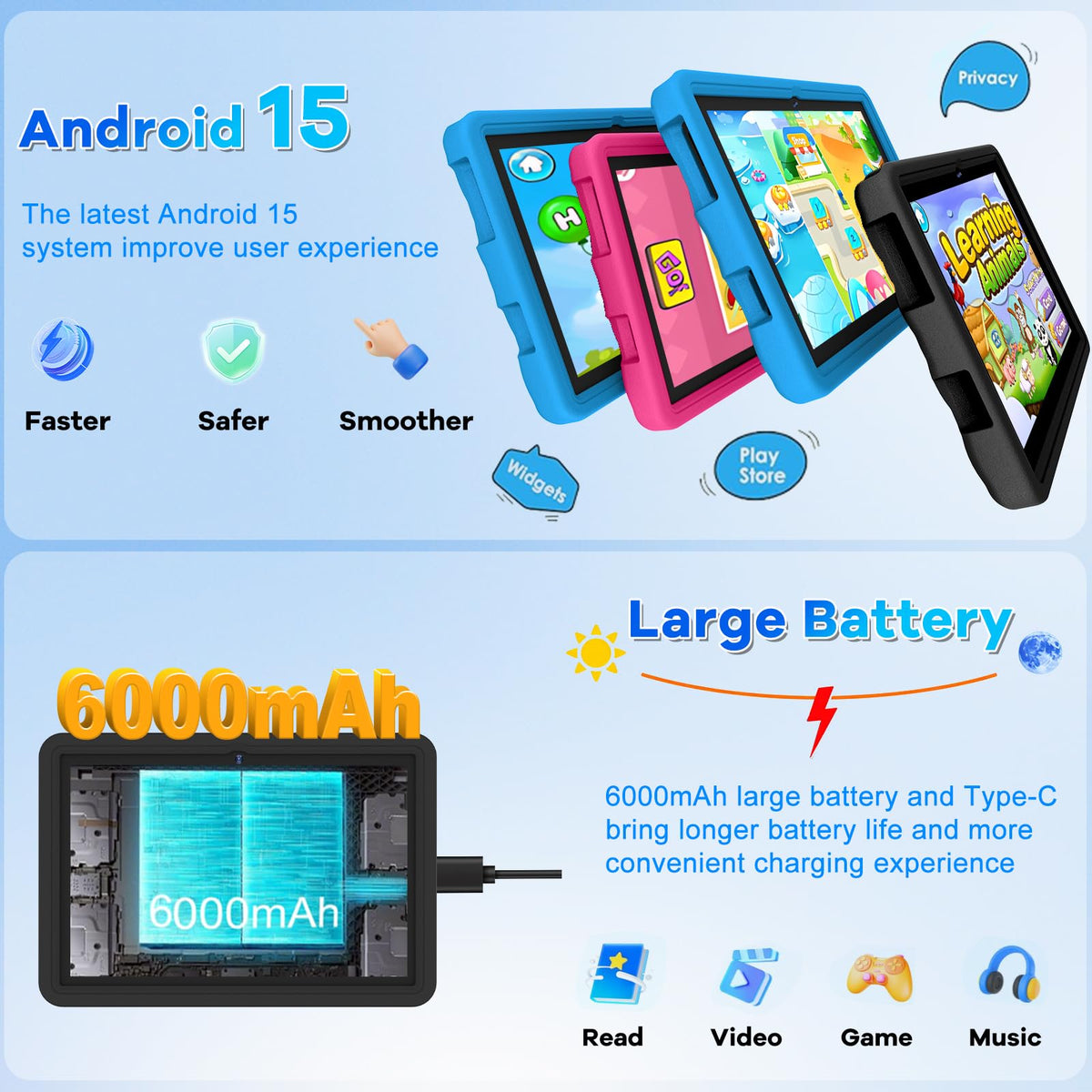 10.1 Inch Kids Tablet 64GB ROM Octa-Core Anti-Blue Light Screen Black S6369