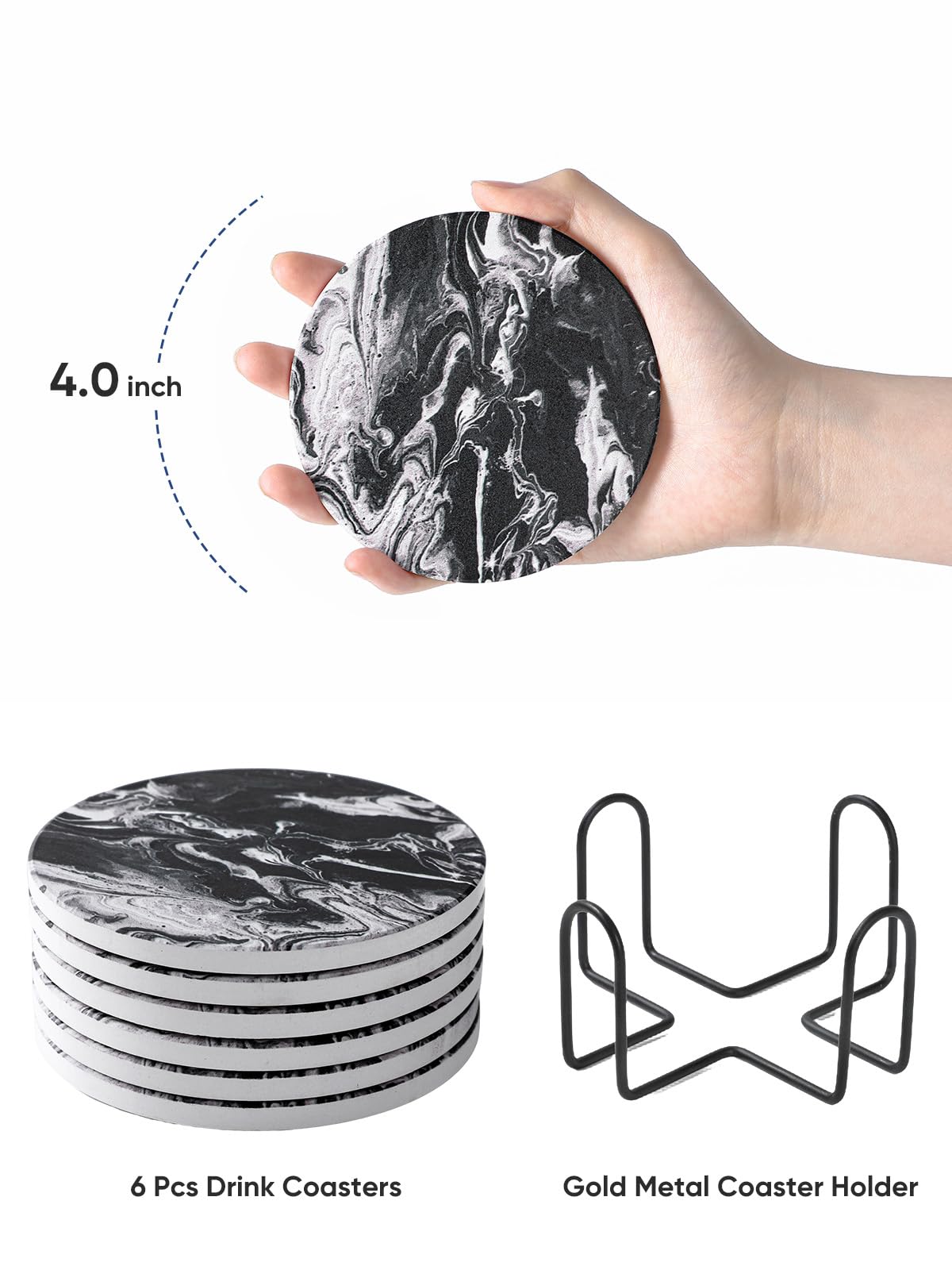 Black Marble Style Ceramic Coasters Set of 6 with Holder C429