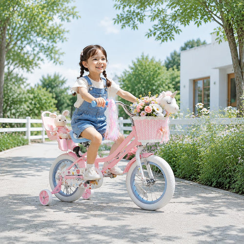 12 14 16 Inch Girls Bike with Training Wheels, Basket & Doll Seat K9810