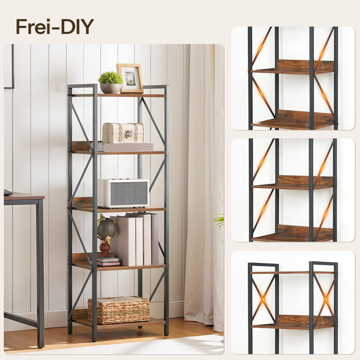 5-Tier Industrial Bookshelf with Metal Frame A87842