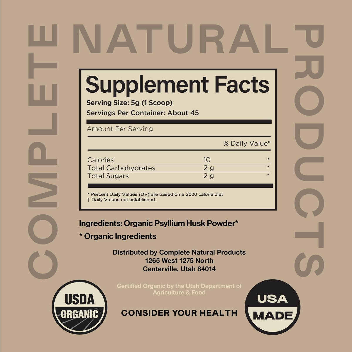 Organic Psyllium Husk Powder 10oz Unflavored Fiber Supplement B6519