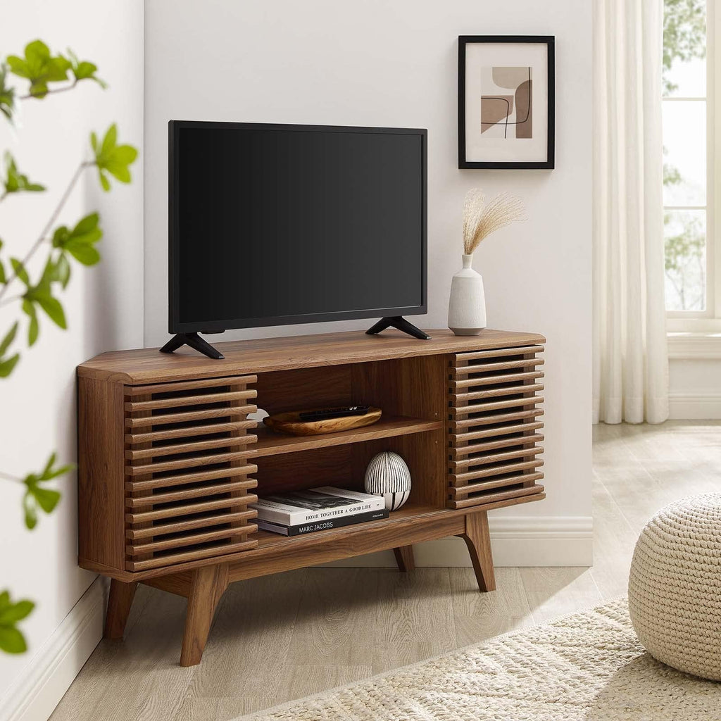 46 in Walnut Corner TV Stand with Sliding Doors Y543