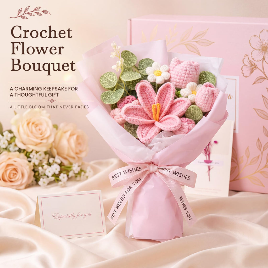 10 PCS Pink Gift Basket with Blanket, Tumbler & Crochet Flowers X8600
