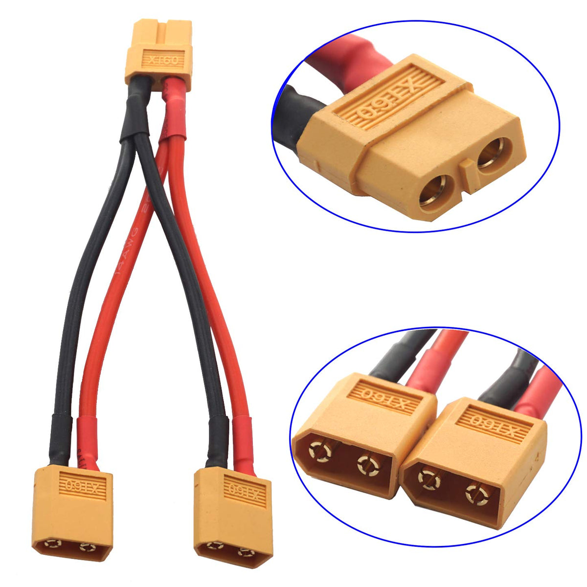 14AWG XT60 Parallel Battery Connector 2-Male to 1-Female Cable Y Splitter P651