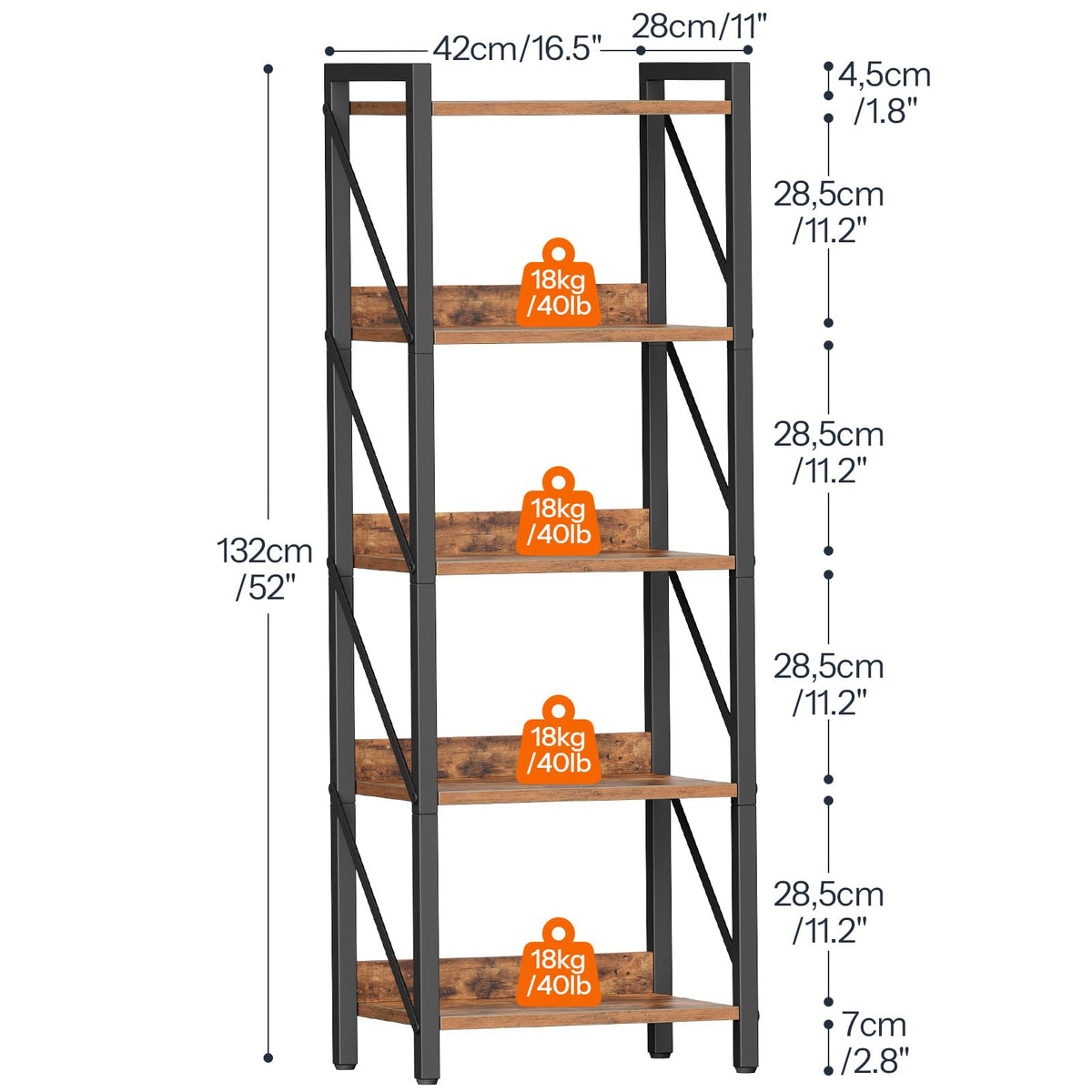 5-Tier Industrial Bookshelf with Metal Frame A87842