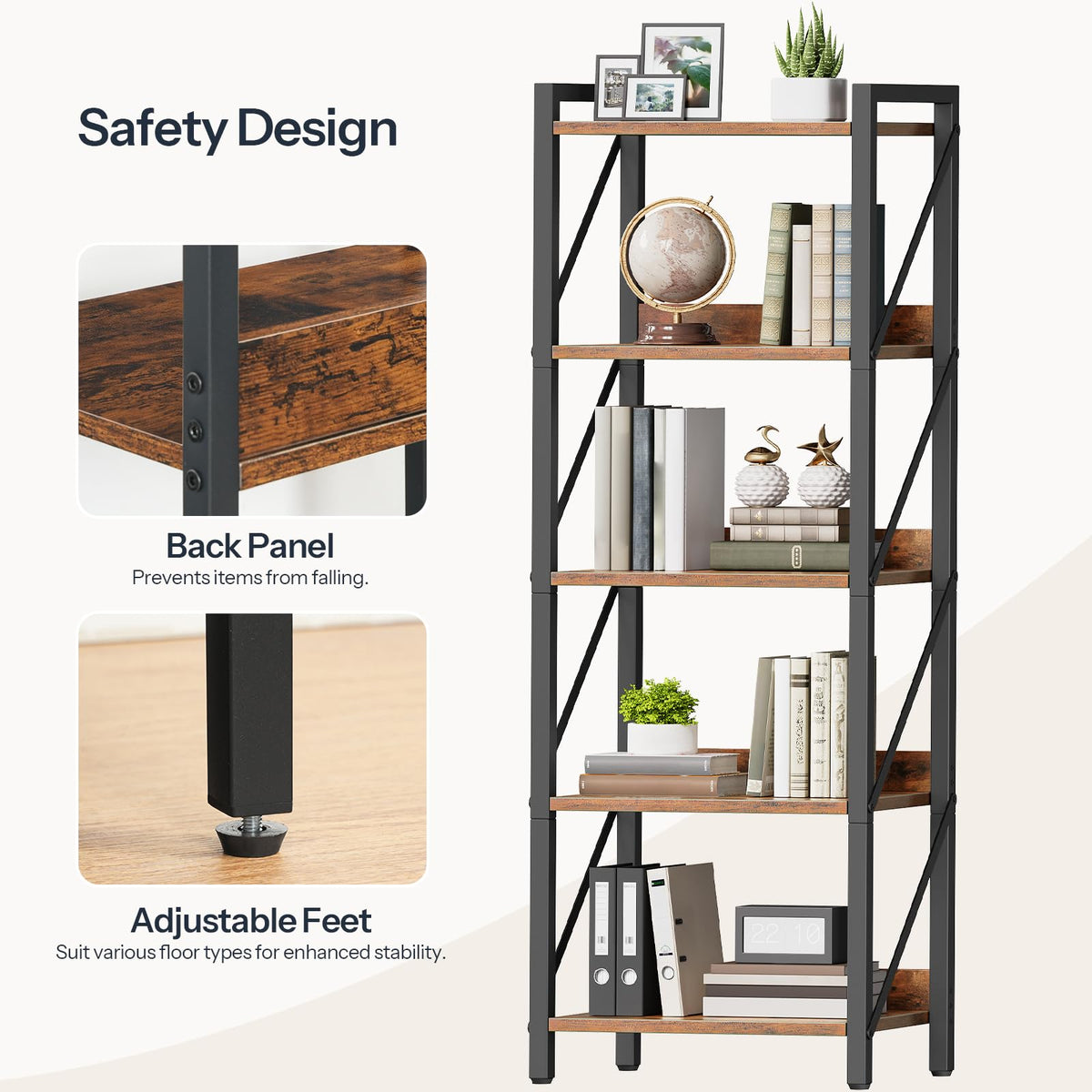 5-Tier Industrial Bookshelf with Metal Frame A87842
