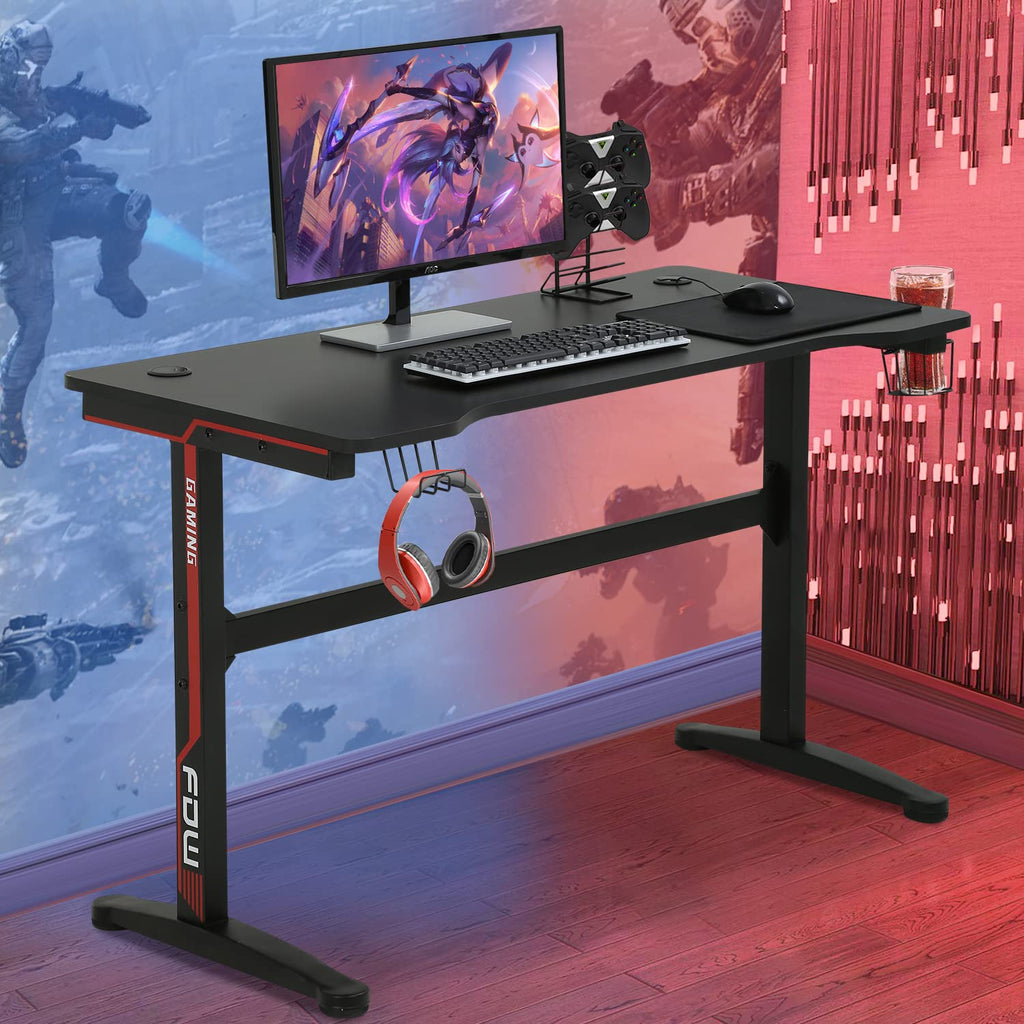 47 Inch T-Shaped Gaming Desk with Headphone Hook and Cup Holder Z217