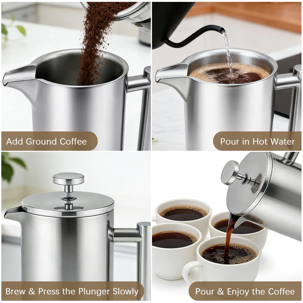 34OZ Stainless Steel French Press Coffee Maker with 2 Extra Filters U8747