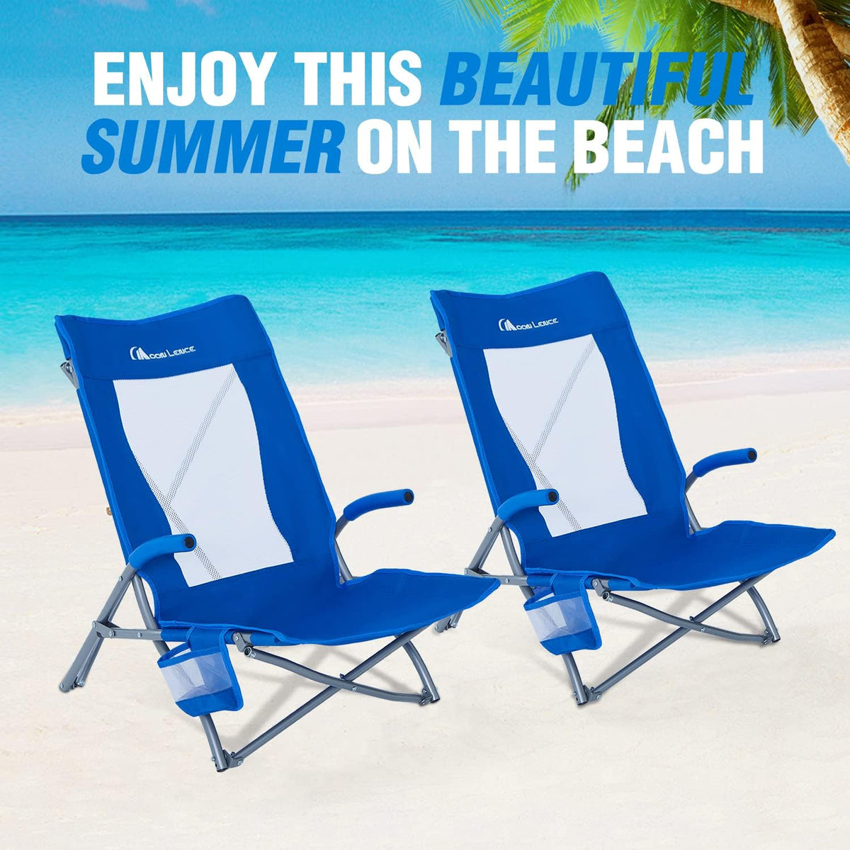 2 Pack Low Beach Lounge Chair with Cup Holder & Carry Bag G821152