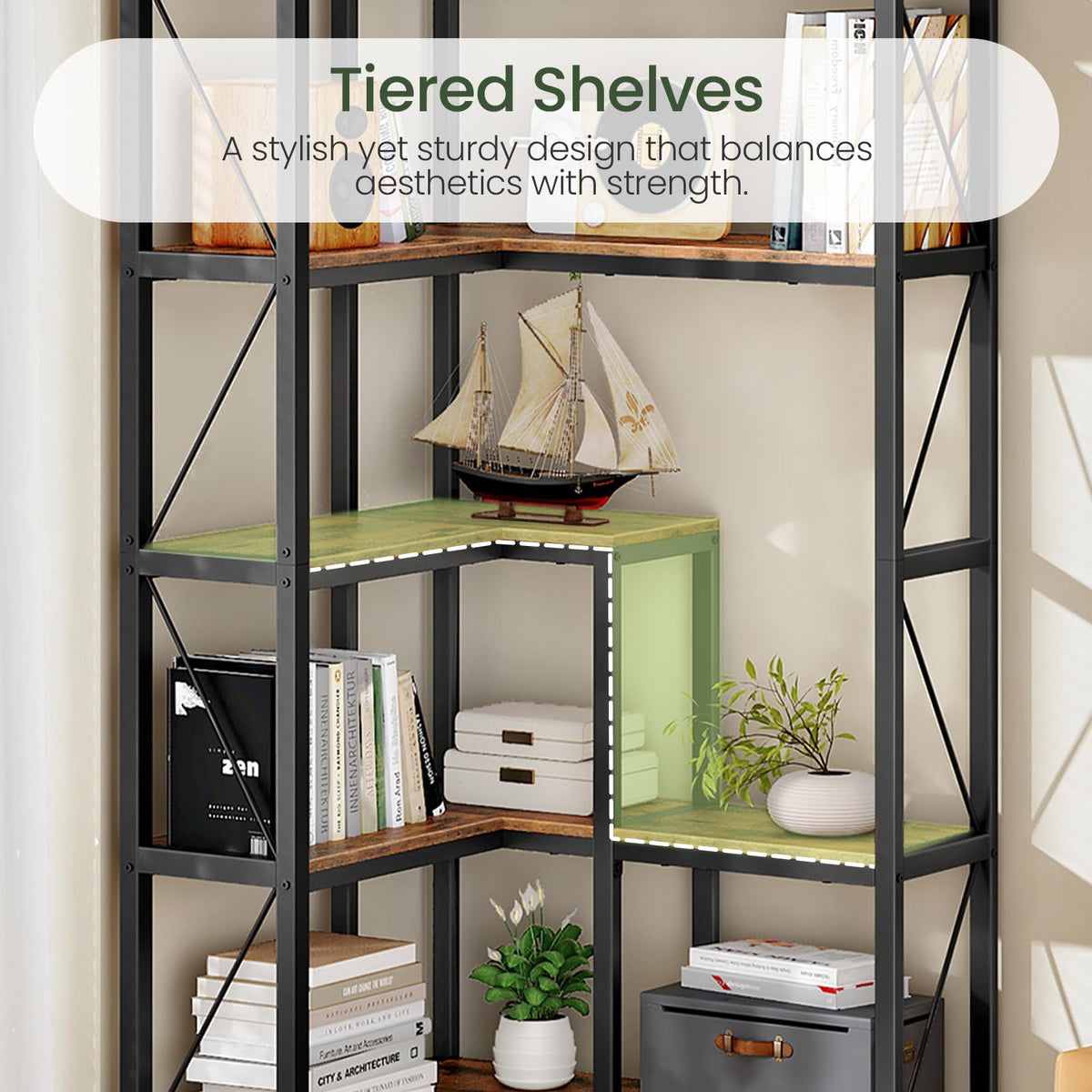 5-Tier L-Shaped Corner Bookshelf with Metal Frame M11844