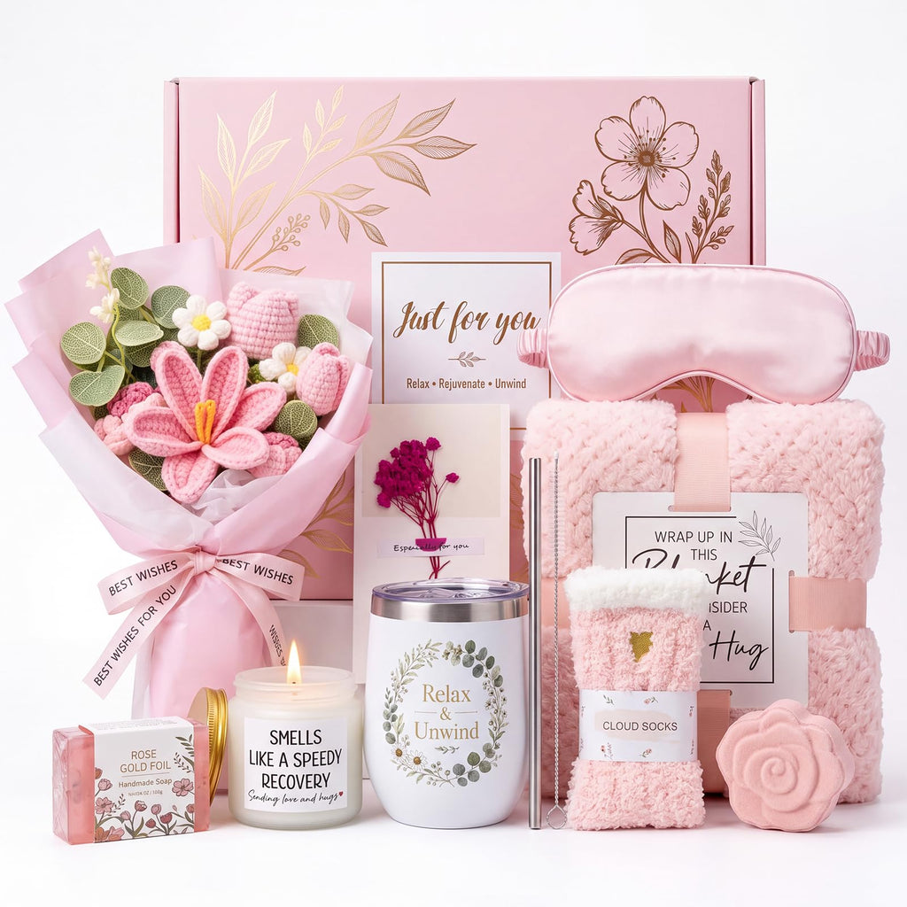 10 PCS Pink Gift Basket with Blanket, Tumbler & Crochet Flowers X8600