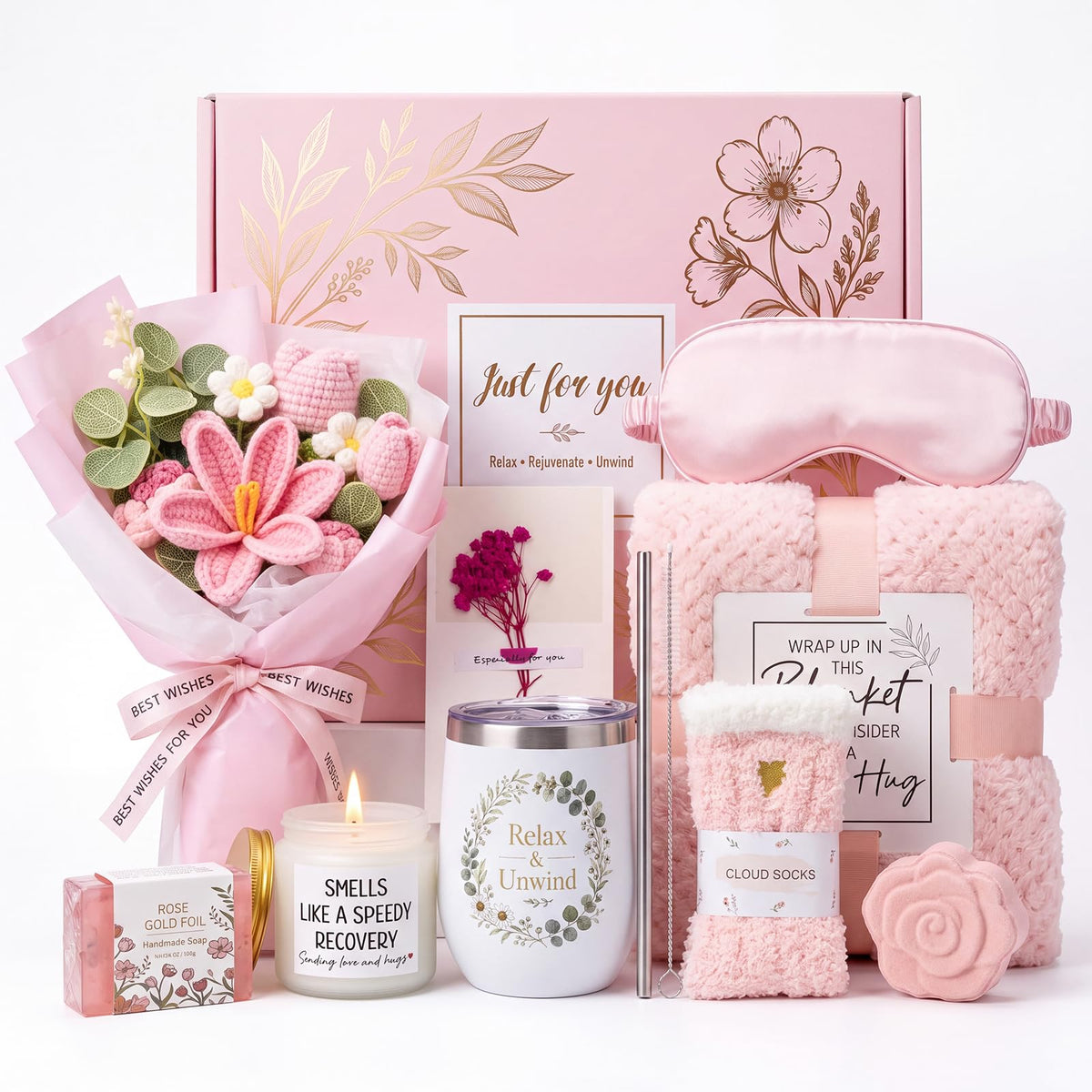 10 PCS Pink Gift Basket with Blanket, Tumbler & Crochet Flowers X8600