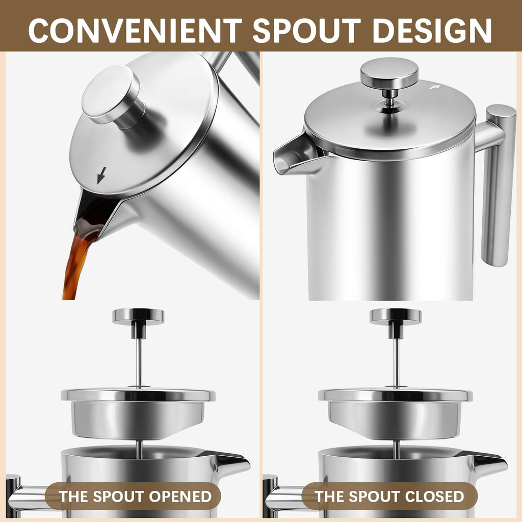34OZ Stainless Steel French Press Coffee Maker with 2 Extra Filters U8747