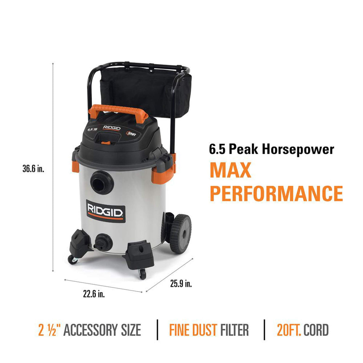16 Gallon 6.5 Peak HP Stainless Steel Wet Dry Shop Vacuum H345