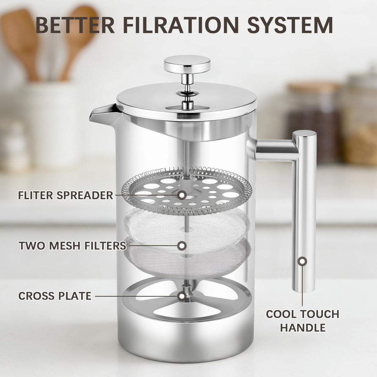 34OZ Stainless Steel French Press Coffee Maker with 2 Extra Filters U8747