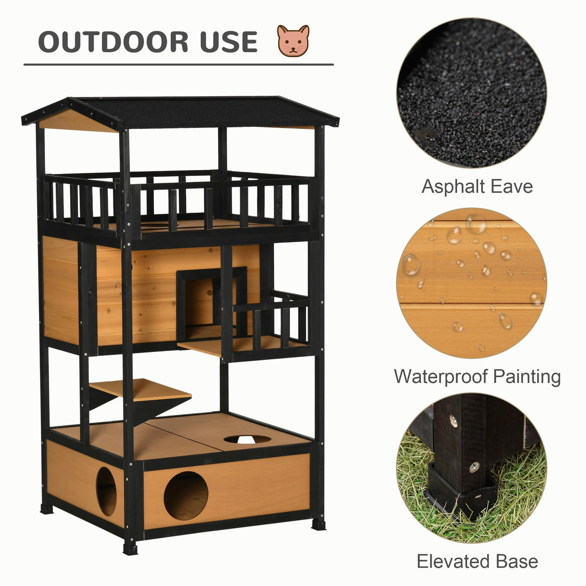 3-Story Wooden Outdoor Cat House with Raised Floor C5923