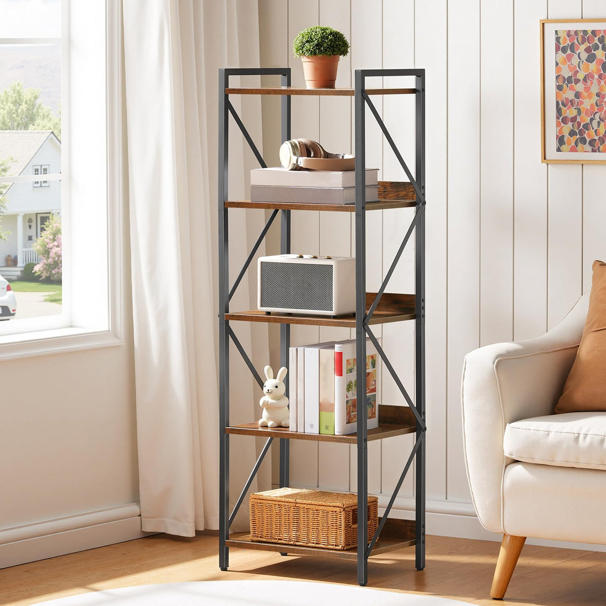 5-Tier Industrial Bookshelf with Metal Frame A87842
