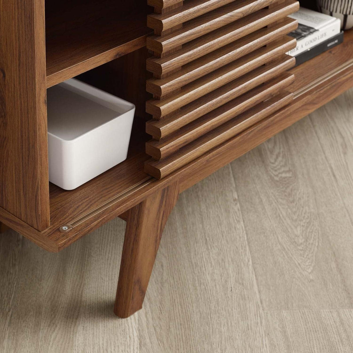 46 in Walnut Corner TV Stand with Sliding Doors Y543