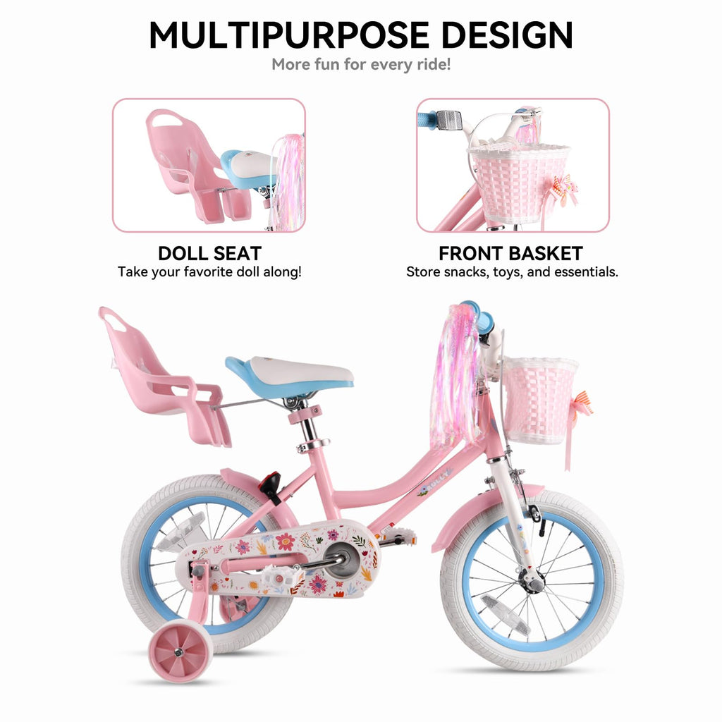 12 14 16 Inch Girls Bike with Training Wheels, Basket & Doll Seat K9810