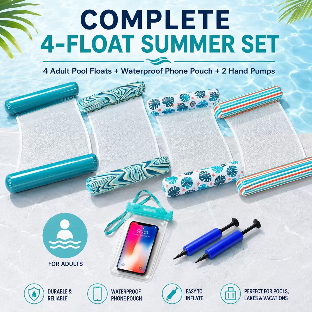 4-Pack Inflatable Pool Floats with Air Pump & Phone Pouch W440