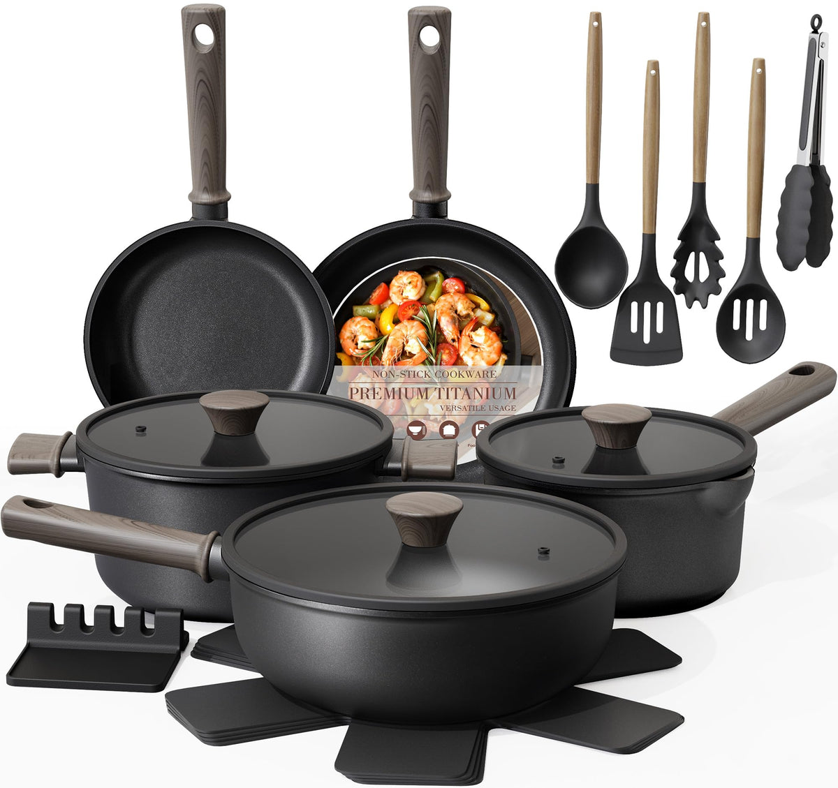 19 Pcs Non Stick Black Titanium Cookware Set P898456