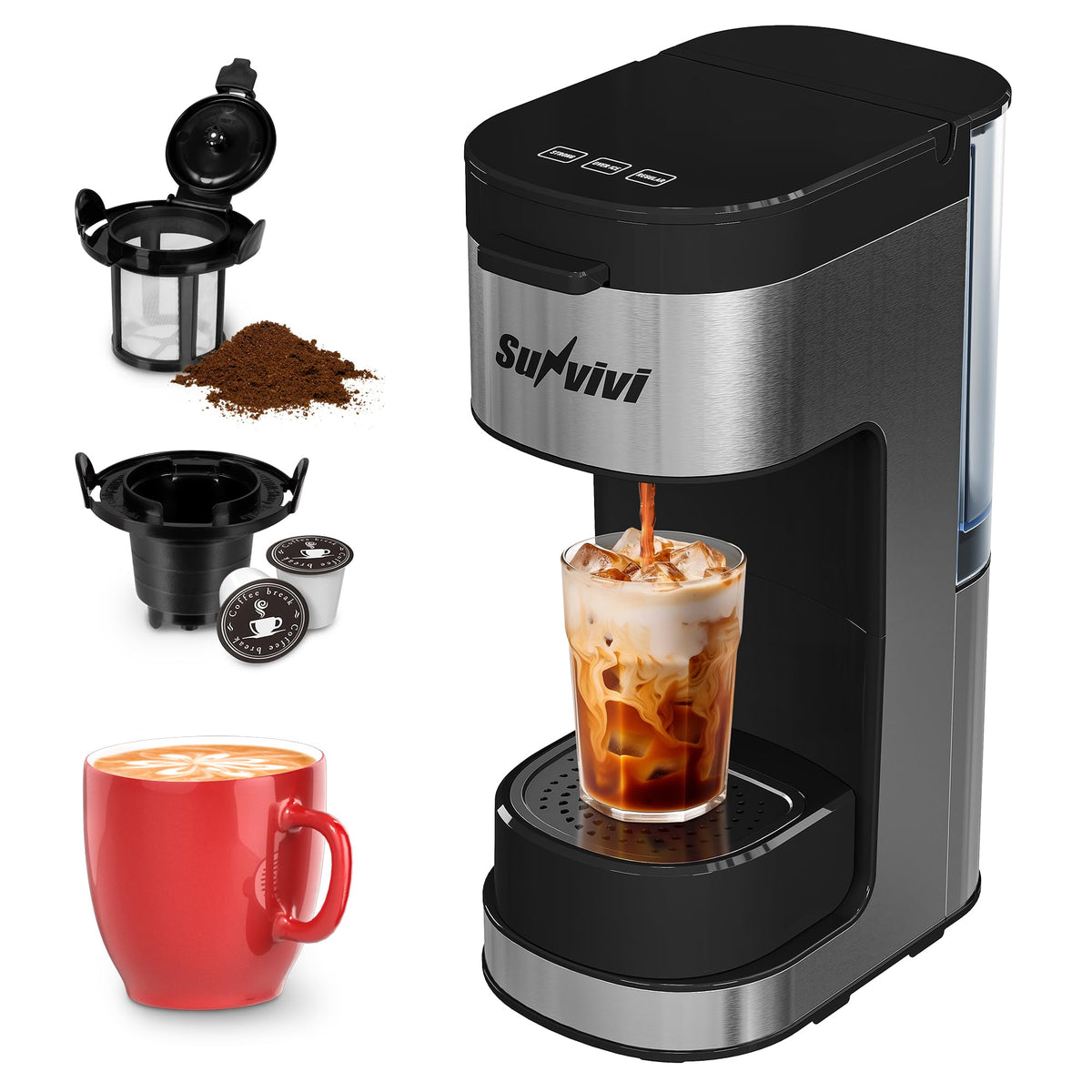 3-in-1 Single Serve Coffee Maker with Removable Water Reservoir, Black S248