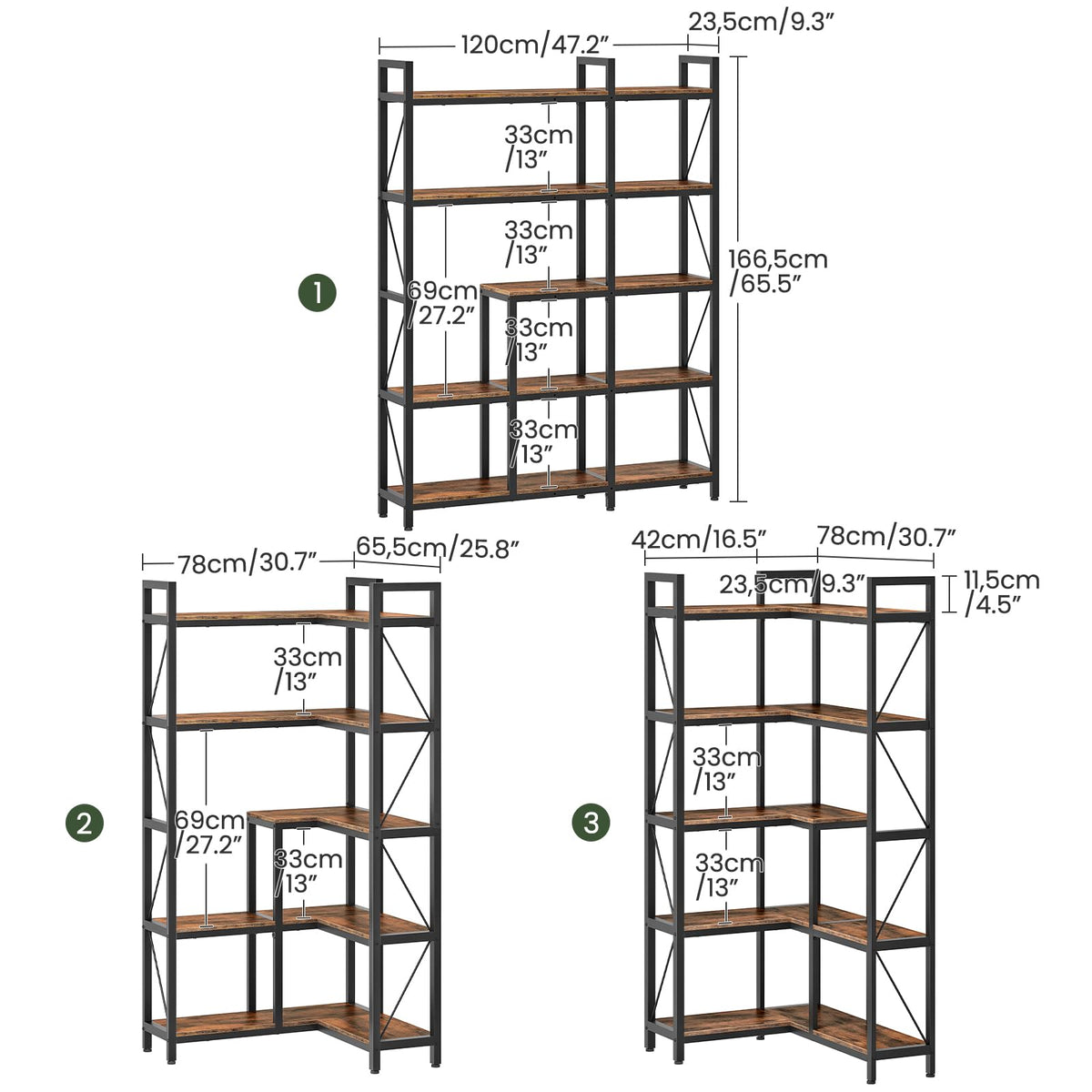 5-Tier L-Shaped Corner Bookshelf with Metal Frame M11844