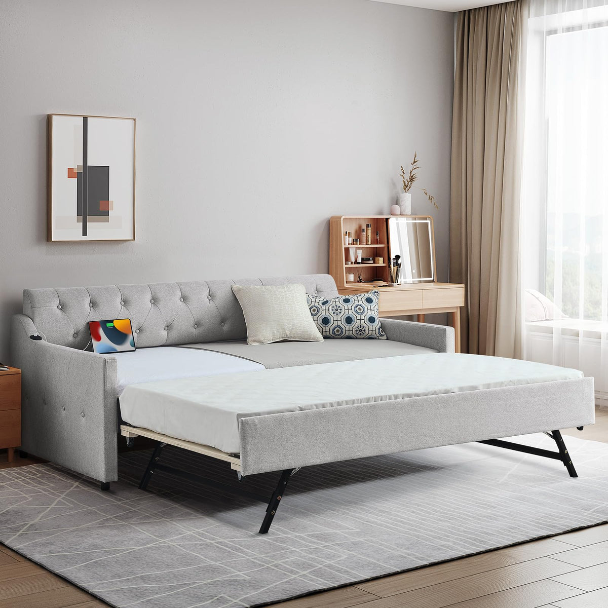 Beige Linen Upholstered Daybed with Pop Up Trundle Q931481
